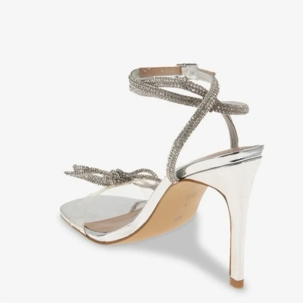 BCBGENERATION Rhinestones Crystal Bow Silver Clear Stiletto Heel Ankle Sandal 10
